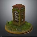 Vintage Telephone Booth Decorative Model With Red Roof Green Ivy Grass Stones And Circular Base