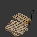 Industrial Manual Pallet Jack With Stacked Wooden Pallets And Handle Wheels