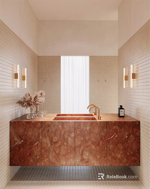 Modern Bathroom With Tiled Walls Brass Wall Sconces Marble Countertop Brass Faucet And Dried Flowers 3d model 