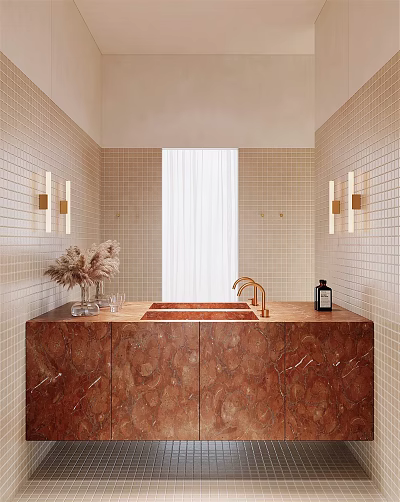 Modern Bathroom With Tiled Walls Brass Wall Sconces Marble Countertop Brass Faucet And Dried Flowers 3d model