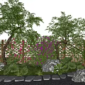 Lush Green Arbor Trees With Red Purple Flowers Fence Stones Grass And Flagstone Path