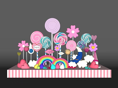 Vibrant Candy Themed Display Featuring Lollipops Flowers Rainbow And Clouds 3d model