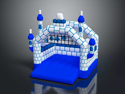 Inflatable Castle Shaped Play Equipment With Blue And White Design And Slide Entrance For Kids 3d model