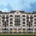 European Style Multi Story Apartment Building With Gray Roof Dark Balconies And White Exterior