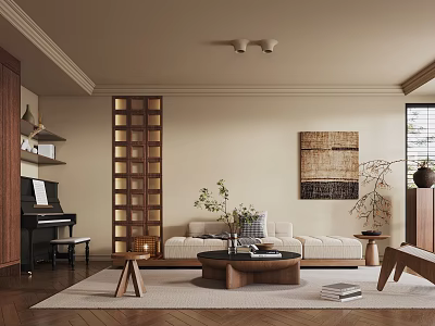 Neutral Living Room Interior With Wooden Partition Piano Light Sofa And Decorative Painting 3d model