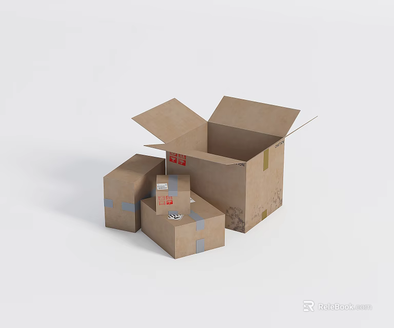 Open Cardboard Box With Smaller Boxes Tape And Shipping Labels 3d model
