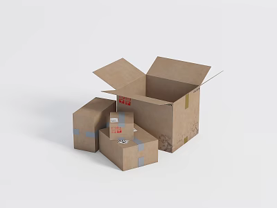 Open Cardboard Box With Smaller Boxes Tape And Shipping Labels 3d model