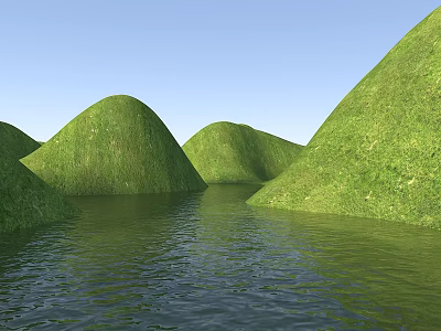 Natural Stone And Wood Features In Green Grass Hills With Calm Water And Blue Sky 3d model