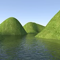 Natural Stone And Wood Features In Green Grass Hills With Calm Water And Blue Sky