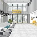 Modern Office Interior Design With Glass Windows Yellow Chairs And Exhibition Area