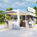 Outdoor Container Style Cafe Bistro Shop With High Stools Seating And Green Plants