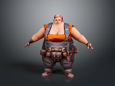 Chubby 3D Character Design With Red Hair Orange Tank Top Overalls And Tool Belt 3d model