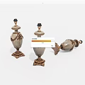 Decorative Ornament Set Of Three Beige Gold Carved Lidded Bottles With Overturned Piece