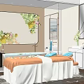 Luxury SPA Sauna Room Interior with Bathtub Treatment Bed Floral Painting and Green Plants
