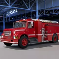 Red Fire Truck Parked In Large Industrial Warehouse With Metal Structure Roof And Ceiling Lights