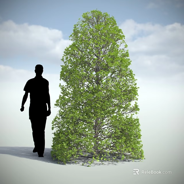 Lush Green Tree With Dense Foliage And Man Silhouette Walking Beside Under Cloudy Sky 3d model 