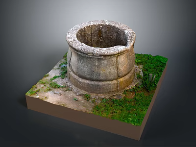 Ancient Circular Stone Well Structure With Rough Texture And Green Grass Around Base 3d model