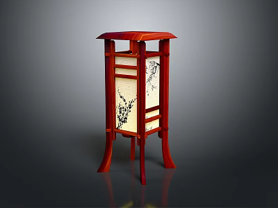 Traditional Chinese Lantern With Red Wooden Frame White Lampshade And Black Patterns 3d model