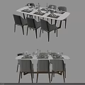 Modern Rectangular Dining Table Set With Six Wooden Leg Chairs And Tableware Candlesticks 3d model