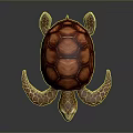 Colorful Sea Turtle With Textured Red Shell And Yellow Patterned Limbs On Dark Background