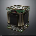 Modern Cube Structure With Green And Gold Accents Glass Top And Checkered Base
