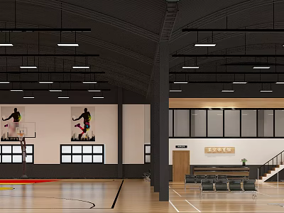 Basketball Gym Interior With Wooden Floor Ceiling Lights Dunking Players And Benches 3d model