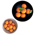 Fresh Ripe Oranges Arranged in Black and White Bowls with Green Leaves
