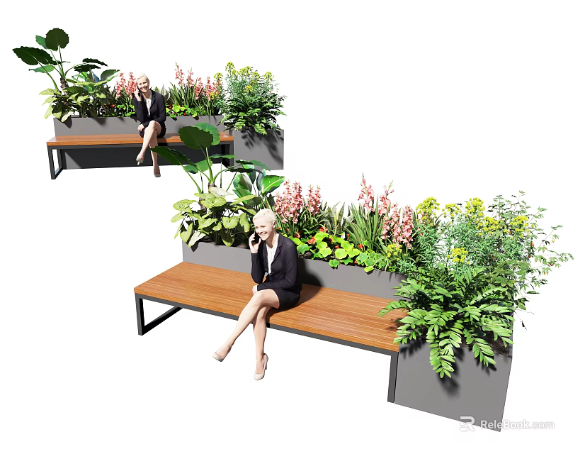 Landscape Seating Design With Wooden Bench Lush Greenery And Colorful Flowers 3d model 