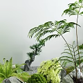 Lush Courtyard Garden With Bamboo Ferns Rock Stones And Natural Greenery