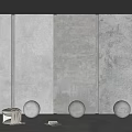 Gray Stone Walls with Vertical White Lines and Wooden Stool and White Spheres on Floor