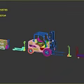 Industrial Logistics Equipment Featuring Yellow Forklift Pallet Truck Blue Hand Truck And Orange Crate