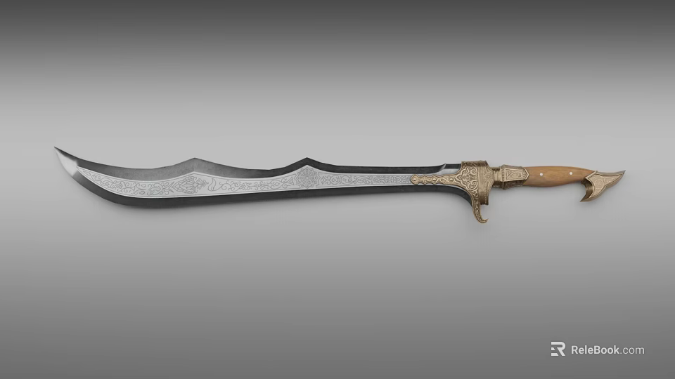 Ornamental Sword With Engraved Curved Blade And Decorative Brass Hilt Wooden Handle 3d model 