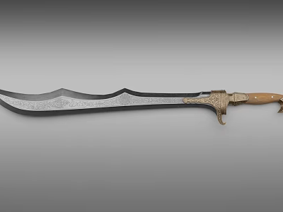 Ornamental Sword With Engraved Curved Blade And Decorative Brass Hilt Wooden Handle 3d model