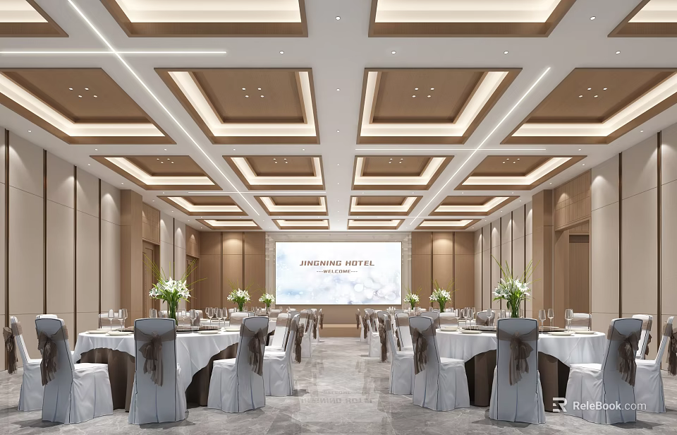 Elegant Banquet Hall with White Tablecloths Grey Chair Covers Large Screen Ceiling Decorations Green Plants 3d model 