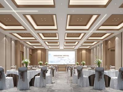 Elegant Banquet Hall with White Tablecloths Grey Chair Covers Large Screen Ceiling Decorations Green Plants 3d model
