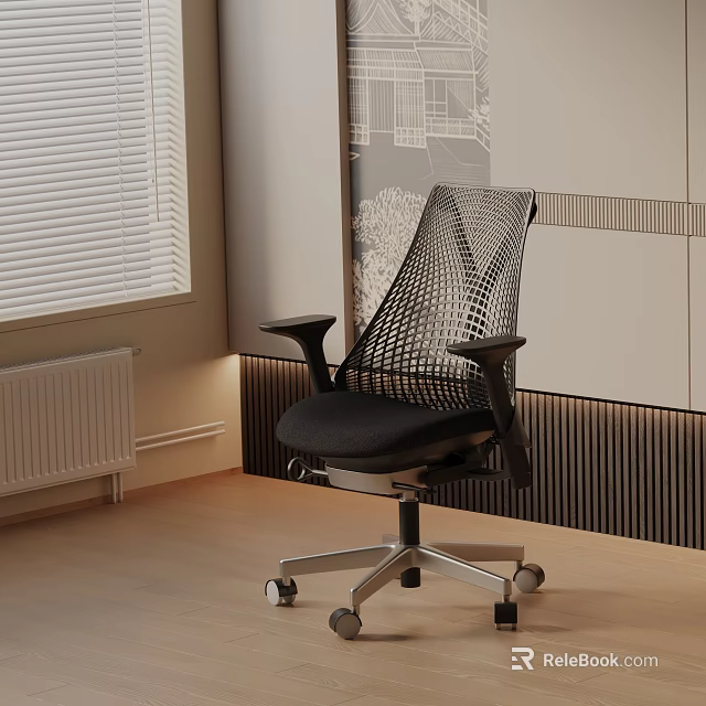 Modern Office Chair With Black Mesh Backrest Armrests Black Seat Cushion And Rolling Wheels 3d model 