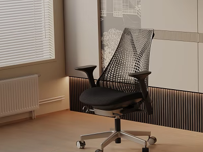 Modern Office Chair With Black Mesh Backrest Armrests Black Seat Cushion And Rolling Wheels 3d model