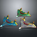 Colorful Toy Airplane Models With Vibrant Green Blue Yellow Wings And Red Accents