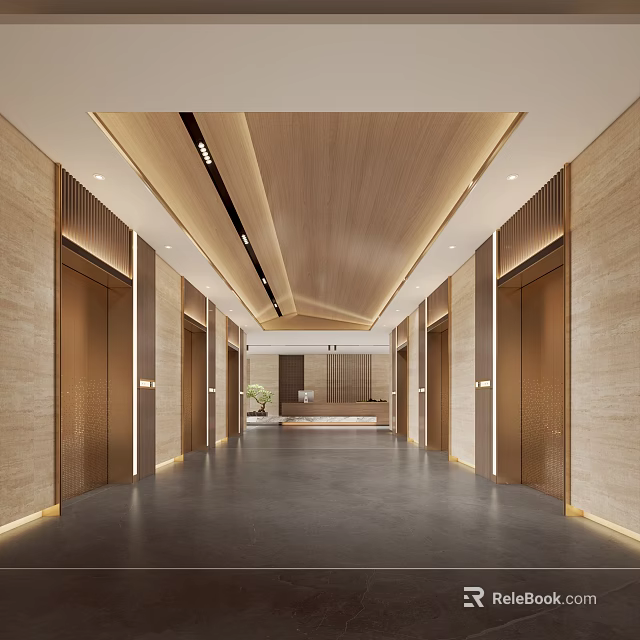 Elegant Hotel Corridor Interior Design With Wooden Ceiling Marble Walls Elevators And Warm Lighting 3d model 