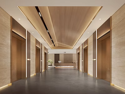 Elegant Hotel Corridor Interior Design With Wooden Ceiling Marble Walls Elevators And Warm Lighting 3d model
