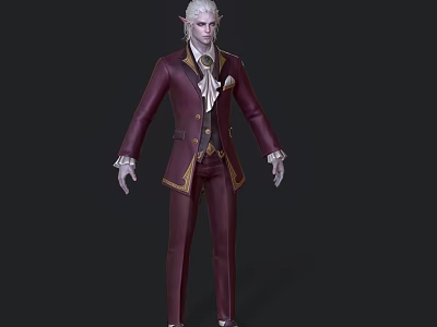 Detailed Game and Movie Character With White Hair Pointed Ears Burgundy Suit and Gold Accents 3d model