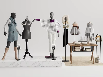 Mannequins in Clothing Display with Clothing Racks Table Books and Rug 3d model
