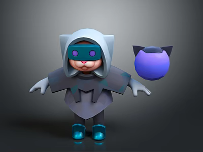 Cartoon Game Character In Hooded Cloak With Purple Eyes Blue Boots And Purple Spherical Object 3d model