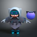 Cartoon Game Character In Hooded Cloak With Purple Eyes Blue Boots And Purple Spherical Object