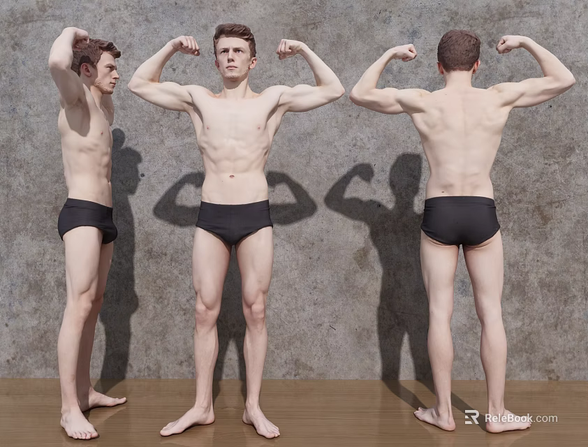 Shirtless Man Flexing Muscles In Front Side Back Views With Black Underwear 3d model 