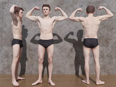 Shirtless Man Flexing Muscles In Front Side Back Views With Black Underwear 3d model