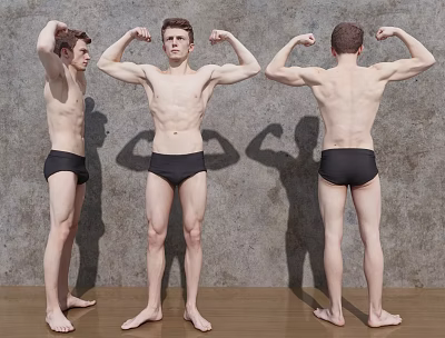 Shirtless Man Flexing Muscles In Front Side Back Views With Black Underwear 3d model