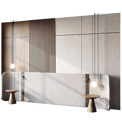 Modern Bed Backdrop Wall With Wooden Stripes Gray Stone Tiles And Hanging Pendant Lights 3d model