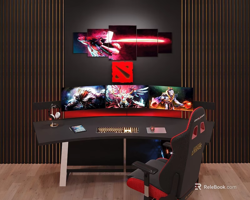 Modern Gaming Desk with Multiple Monitors Gaming Chair and Red Wall Art 3d model 