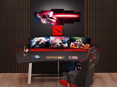 Modern Gaming Desk with Multiple Monitors Gaming Chair and Red Wall Art 3d model